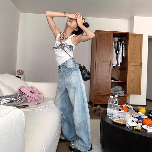 大码蓝色破洞牛仔裤女夏季宽松小众设计直筒高腰阔腿裤DCX-6932