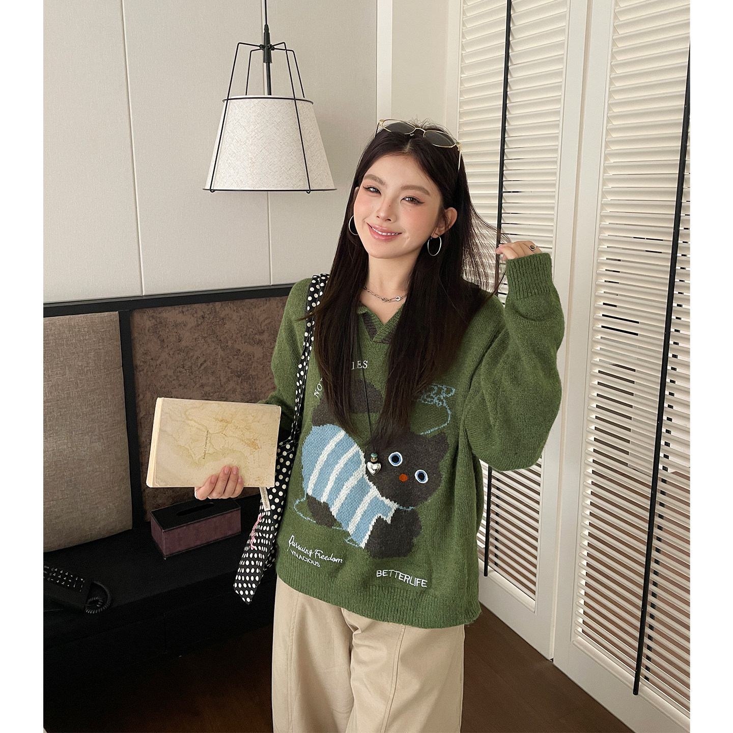 欧尼不胖大码女装复古卡通提花polo领针织毛衣女2026秋季新款