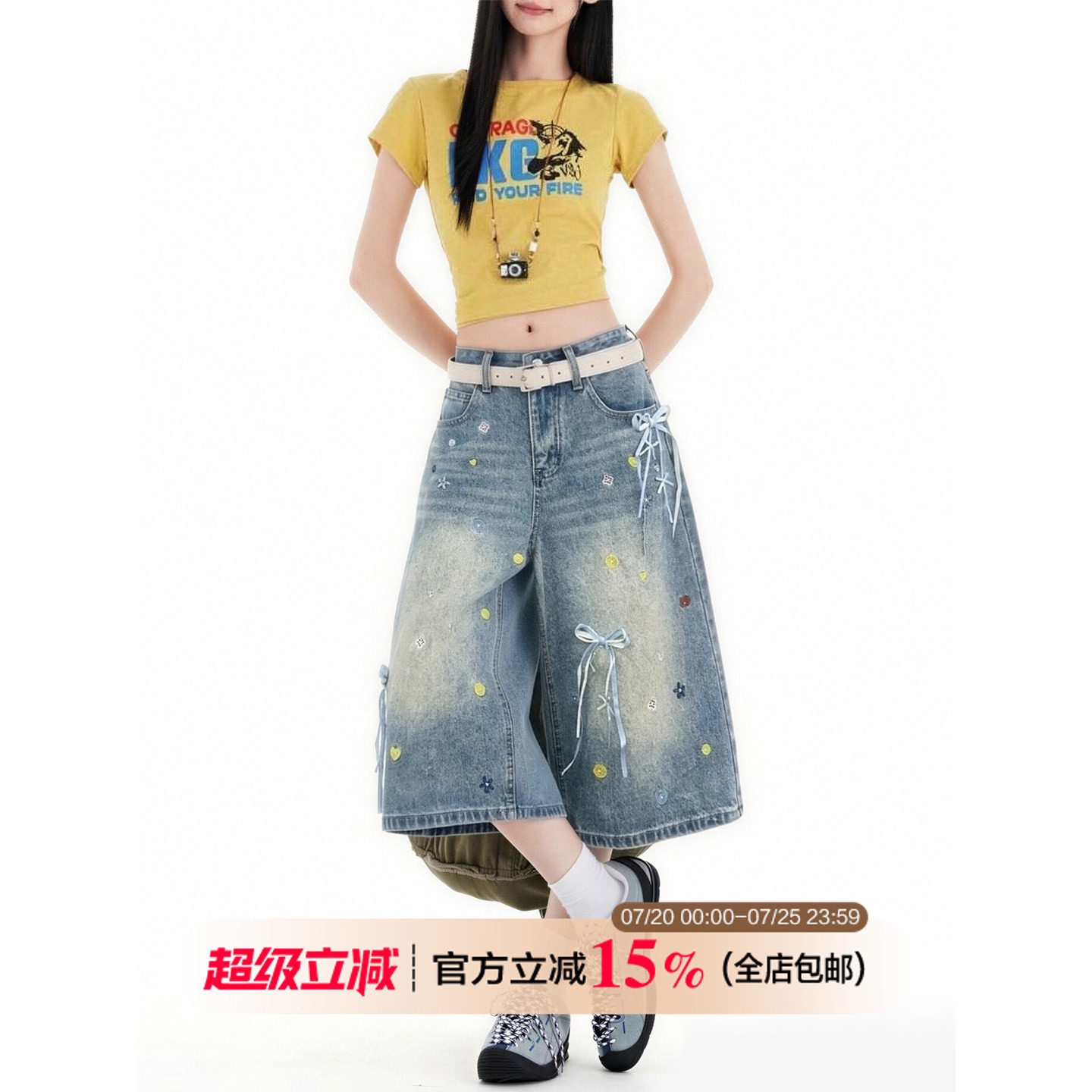 2026新款大码女装夏季薄款蝴蝶结可爱休闲裤高腰宽松七分牛仔短裤