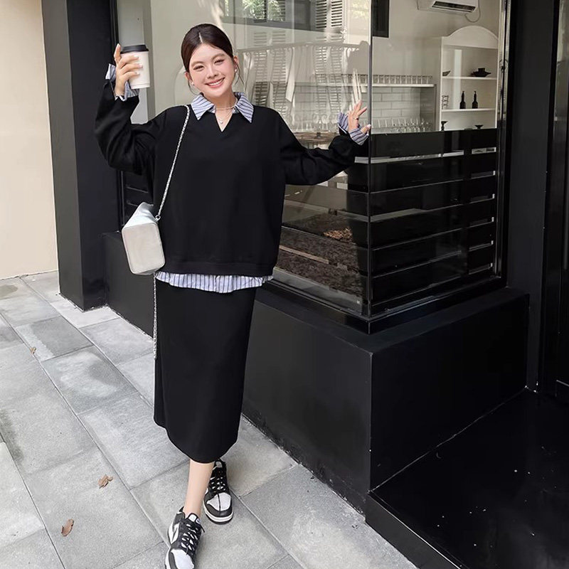 欧尼不胖胖mm绝美穿搭韩式慵懒chic套装早春女装卫衣半身裙两件套