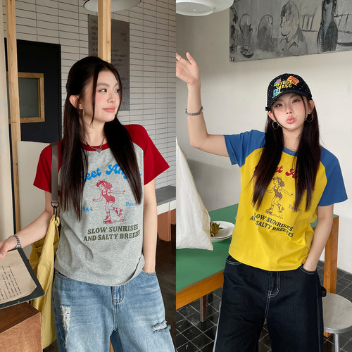 欧尼不胖大码女装新款美式复古修身正肩短袖T恤女收腰显瘦上衣夏