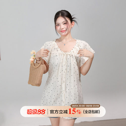 欧尼不胖大码女装微胖mm提花波点短袖衬衫女收腰显瘦抽绳V领衫衣
