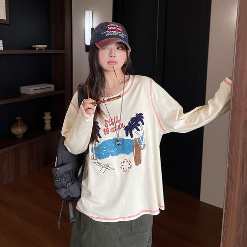 慵懒风海岛植绒印花落肩长袖T恤女2026秋季新款宽松大码百搭上衣