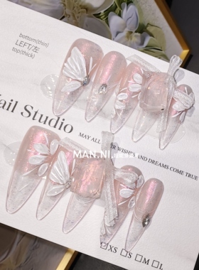 MANNI[缪斯女神]手工穿戴甲2025新款冰透蝴蝶结中长款ins风显白