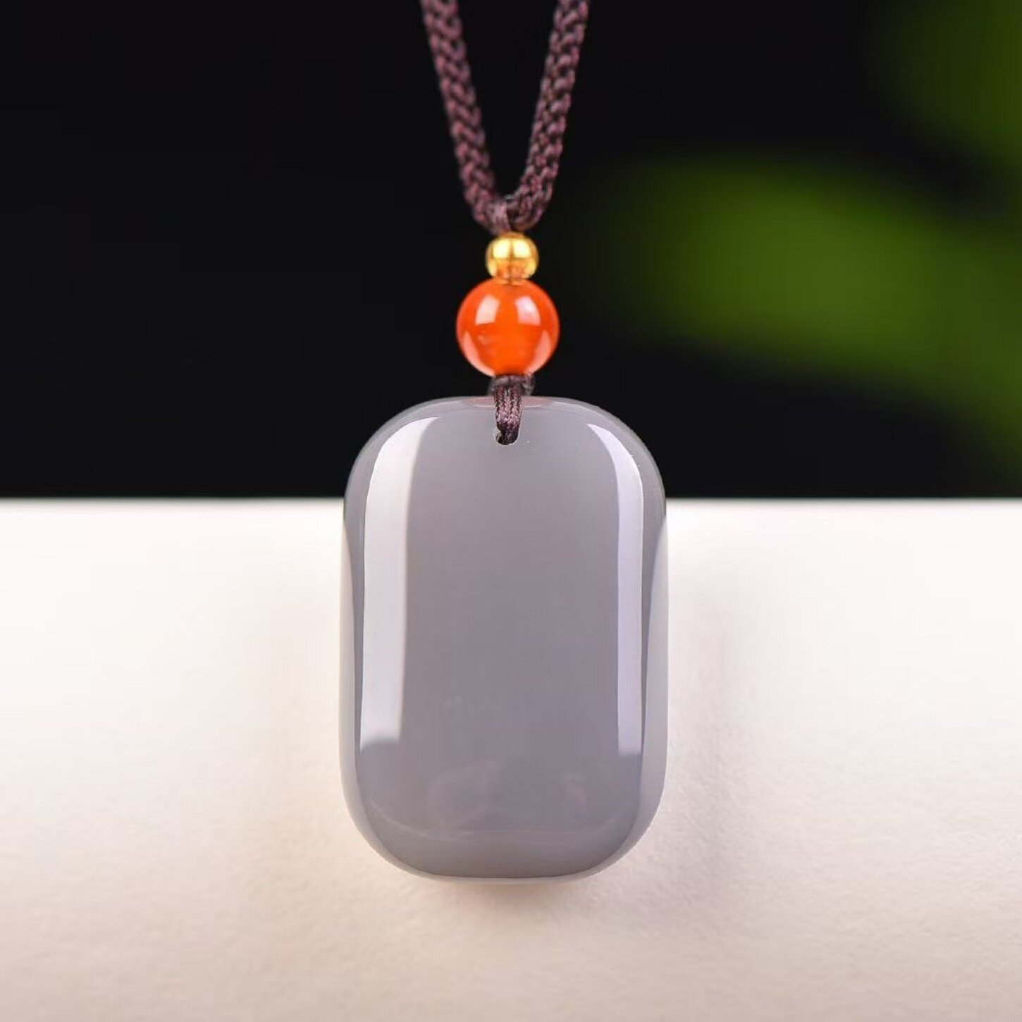 正品天然和田玉烟紫色四方保平安牌子面包牌吊坠挂饰项链款女款