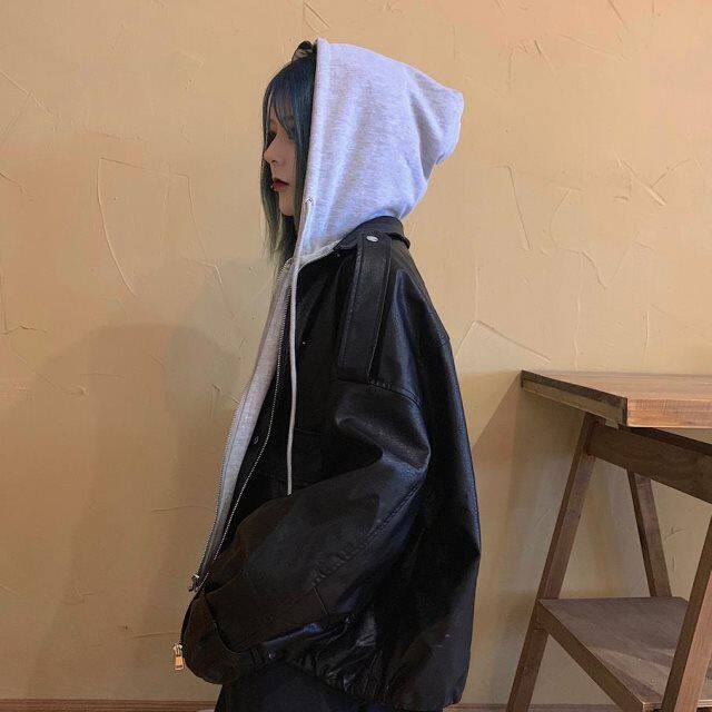 皮衣女学生连帽假两件设计感保暖