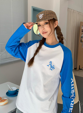 A11SLAVE国潮美式复古梵文字母印花插肩袖拼色长袖运动T恤男女