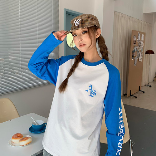 A11SLAVE国潮美式复古梵文字母印花插肩袖拼色长袖运动T恤男女