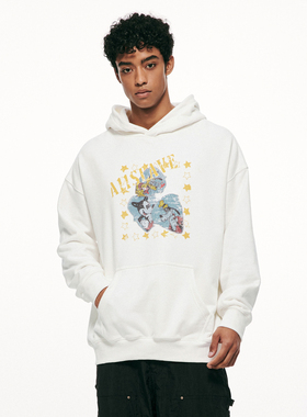 A11SALVE复古做旧印花卫衣男女国潮套头连帽衫春秋季情侣美式外套