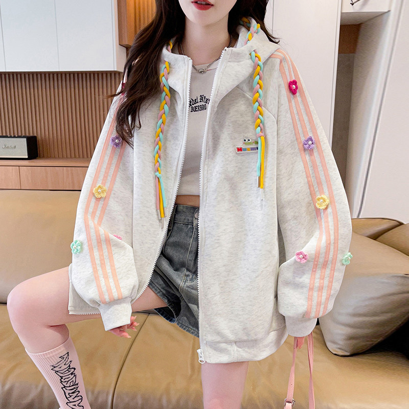 青少年学生学院风美式彩绳编织花卉卫衣棒球服外套女2026春装新款