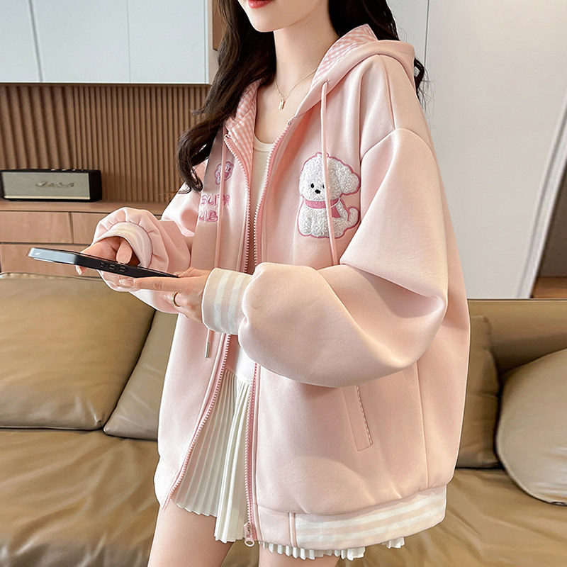 早秋新款初高中学生休闲连帽外套学院风格子拼色刺绣棒球服卫衣女