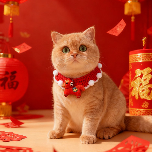 宠物新年围脖猫咪马年围巾狗狗红色喜庆项圈手工钩针猫脖子口水巾