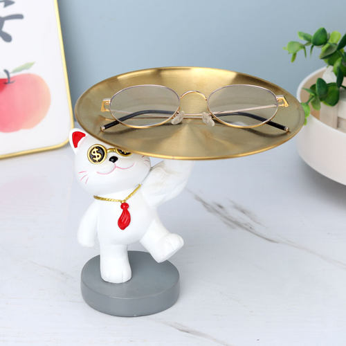 创意招财猫金托盘眼镜架托眼镜店柜台摆件道具展示架可爱眼镜搁架