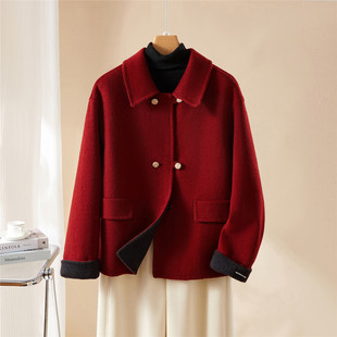 2025秋冬新款元旦红过年翻领双面羊绒大衣短款羊毛呢外套女小个子