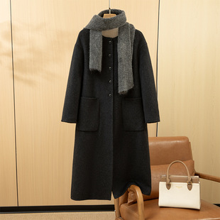25冬新款双面羊绒大衣女韩系慵懒风圆领围巾带帽宽松大码羊毛外套