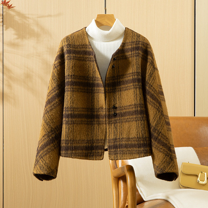 优雅高端羊毛双面呢大衣女2025秋冬新款单排扣格子短款毛呢外套女,女装/女士精品,毛呢外套,淘宝优惠券,粉丝福利购,淘宝优惠卷