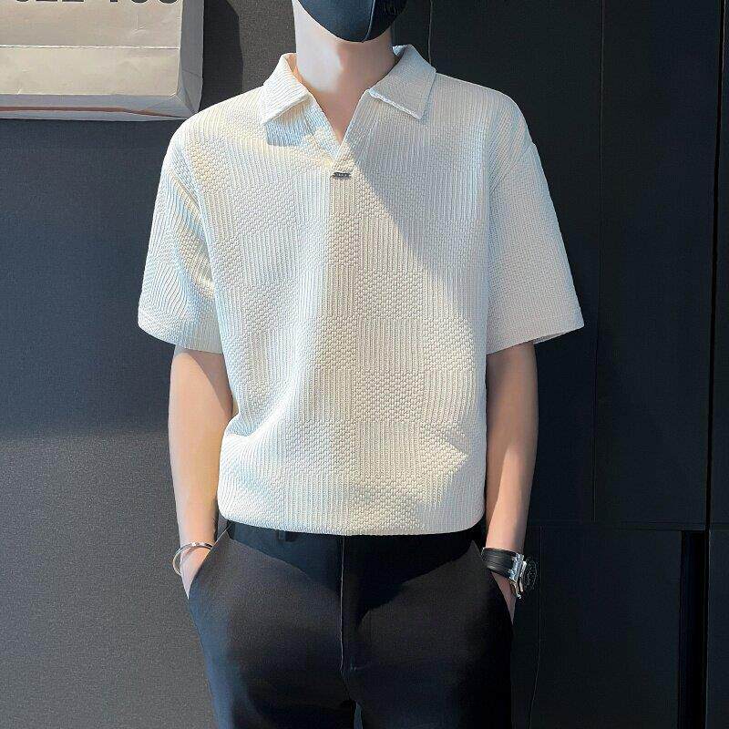 2026新款潮流休闲男士V领短袖Polo衫夏季青春流行翻领白色T恤上衣