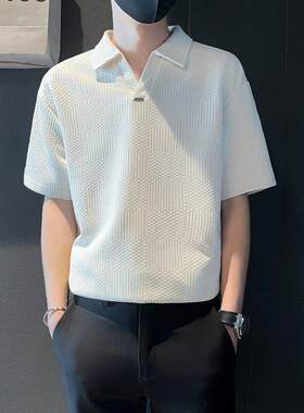2026新款潮流休闲男士V领短袖Polo衫夏季青春流行翻领白色T恤上衣