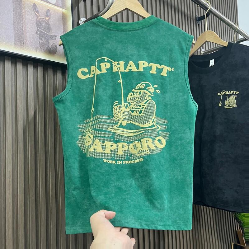 美式新款潮牌卡通印花运动背心男夏季纯棉健身无袖T恤ins痞帅坎肩