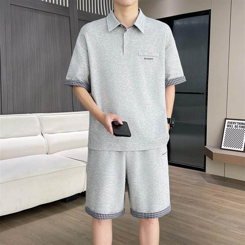 高级感格子翻领polo衫套装男美式宽松休闲冰丝棉短袖短裤一套搭配