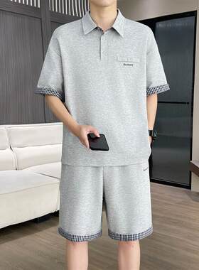 高级感格子翻领polo衫套装男美式宽松休闲冰丝棉短袖短裤一套搭配
