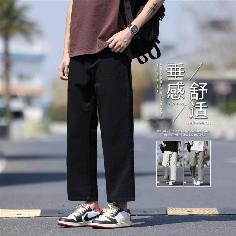 宽松阔腿裤子男学生直筒夏季薄款百搭透气九分裤男士纯棉休闲长裤
