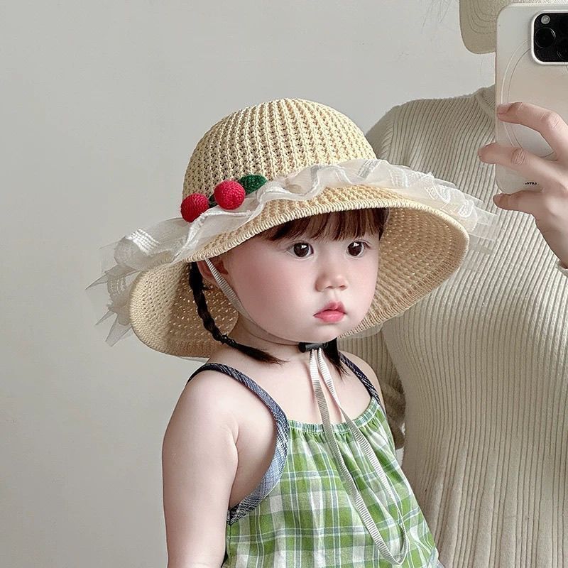 儿童防晒遮阳帽可爱樱桃蕾丝草编公主女童渔夫草帽宝宝夏季防风帽