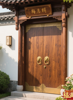 中式实木菠萝格庭院大门茶楼民宿复古门镶铜入户门高端定制庭院门