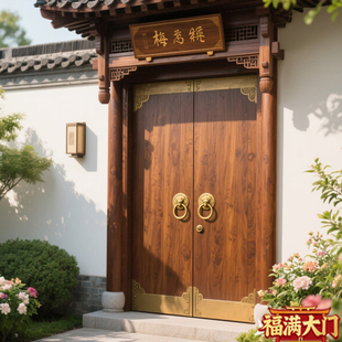 中式实木菠萝格庭院大门茶楼民宿复古门镶铜入户门高端定制庭院门