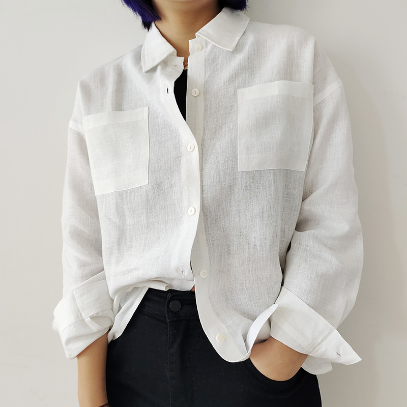 法式汉麻白色Polo领长袖衬衫简约设计感纯色春季可防晒