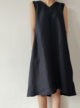 春季新款汉麻连衣裙 女士无袖v领宽松中长款纯麻文艺复古背心裙