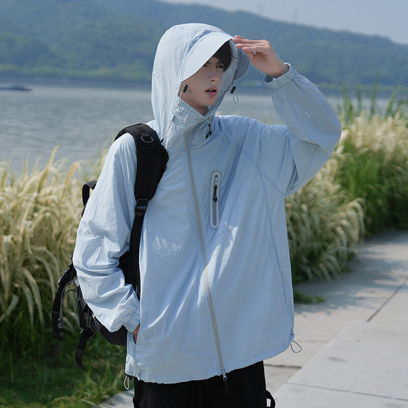 灰色连帽冲锋防晒衣男款夏季薄款冰丝速干防晒服户外徒步登山外套