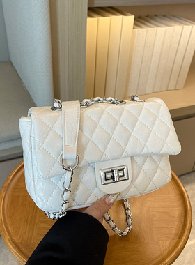 韩版时尚银色斜挎包包女2024新款春夏菱格链条包高级感洋气小方包