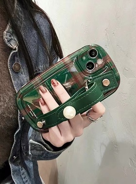 绿色格纹腕带oppofindx8pro手机壳硅胶reno12女款一加13/ace3创意vivox200pro/s19/y300pro全包iqoo13/12/11