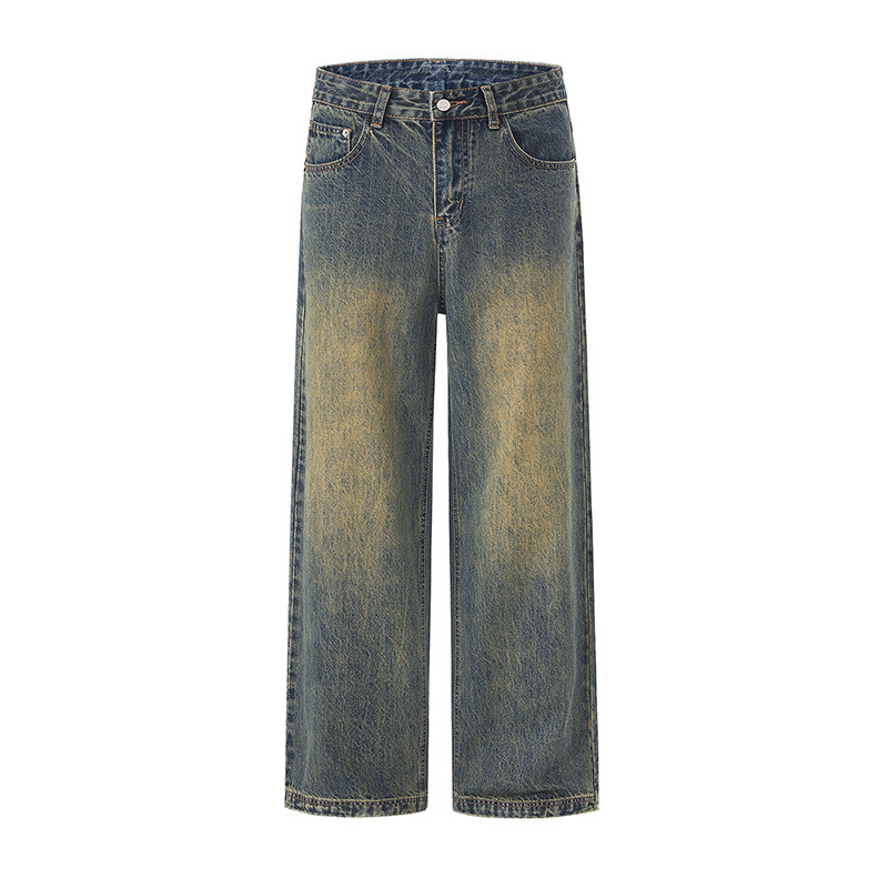 美式简约水洗蓝色宽松牛仔裤男生高街休闲直筒阔腿拖地长裤子