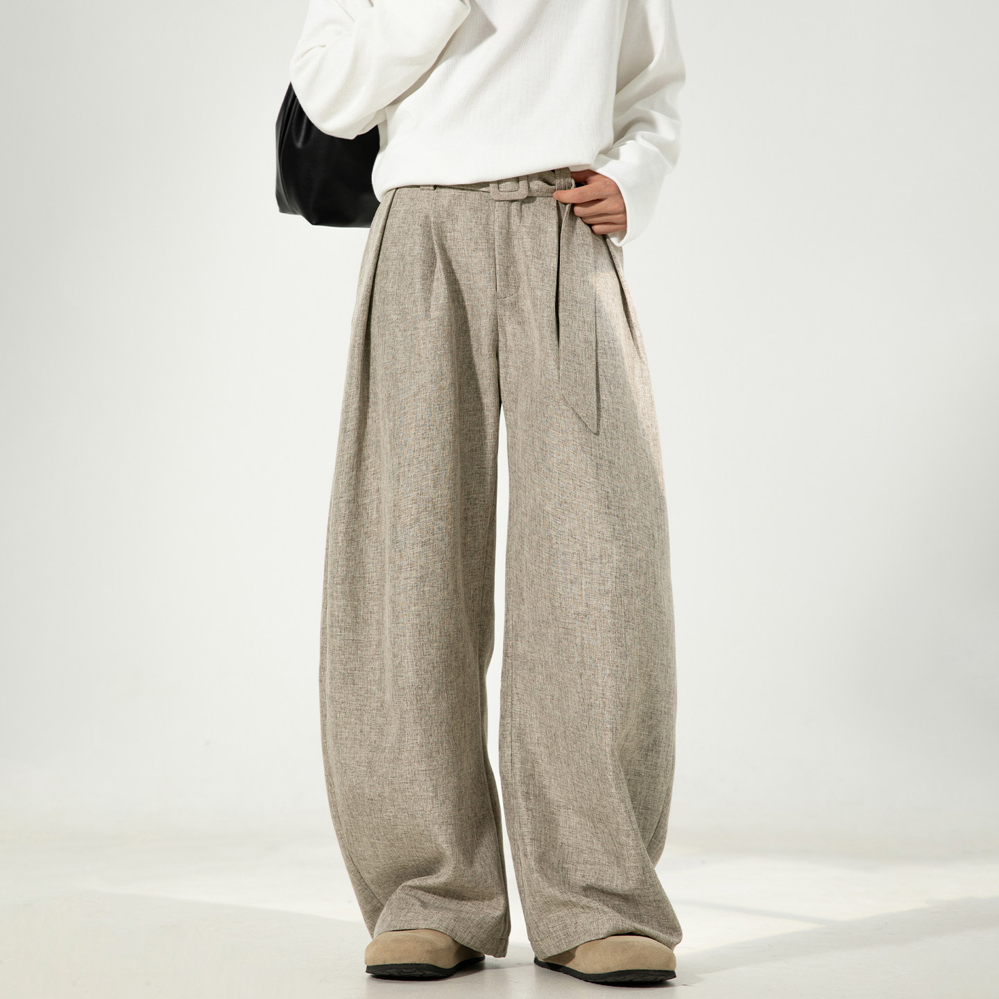 老钱风腰带亚麻纹弯刀西裤男松弛感可调节宽松阔腿休闲西装长裤子