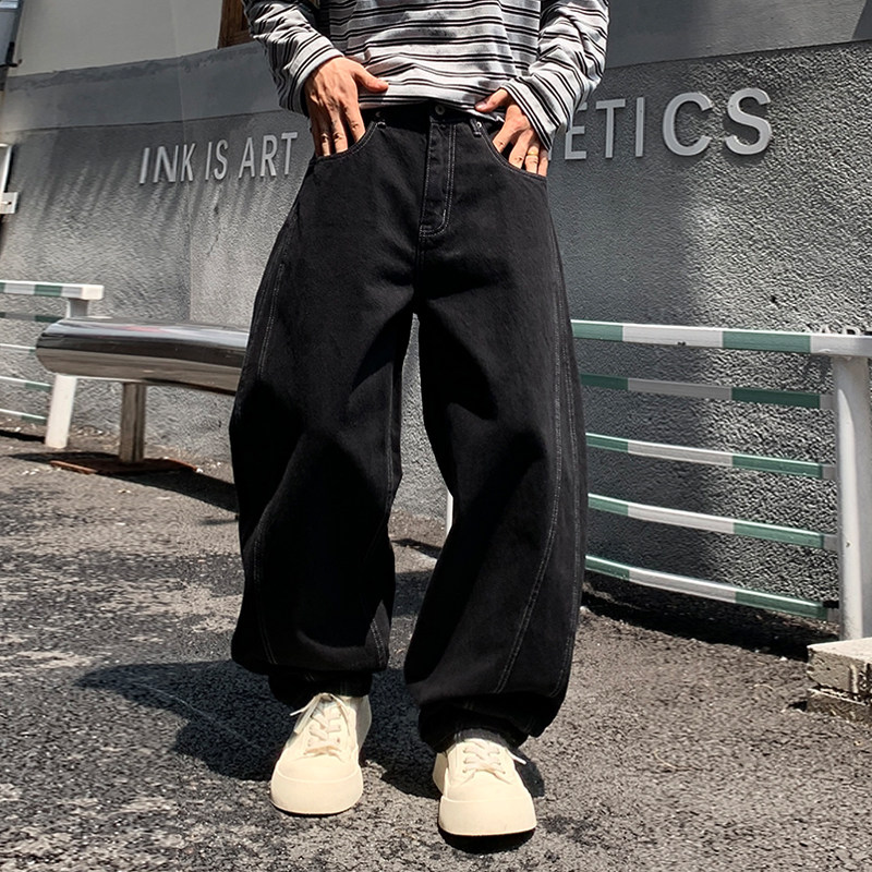 巴黎风美式复古弯刀裤牛仔裤男款宽松直筒潮牌小众设计感阔腿长裤