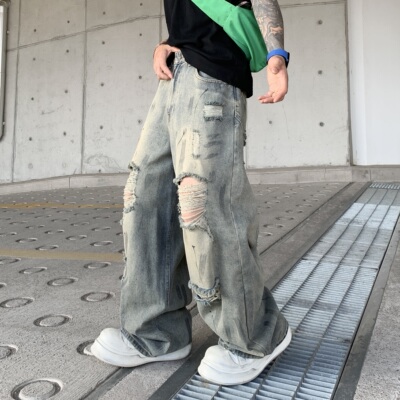 美式新款潮牌宽松直筒松紧怀旧蓝色水洗牛仔裤男