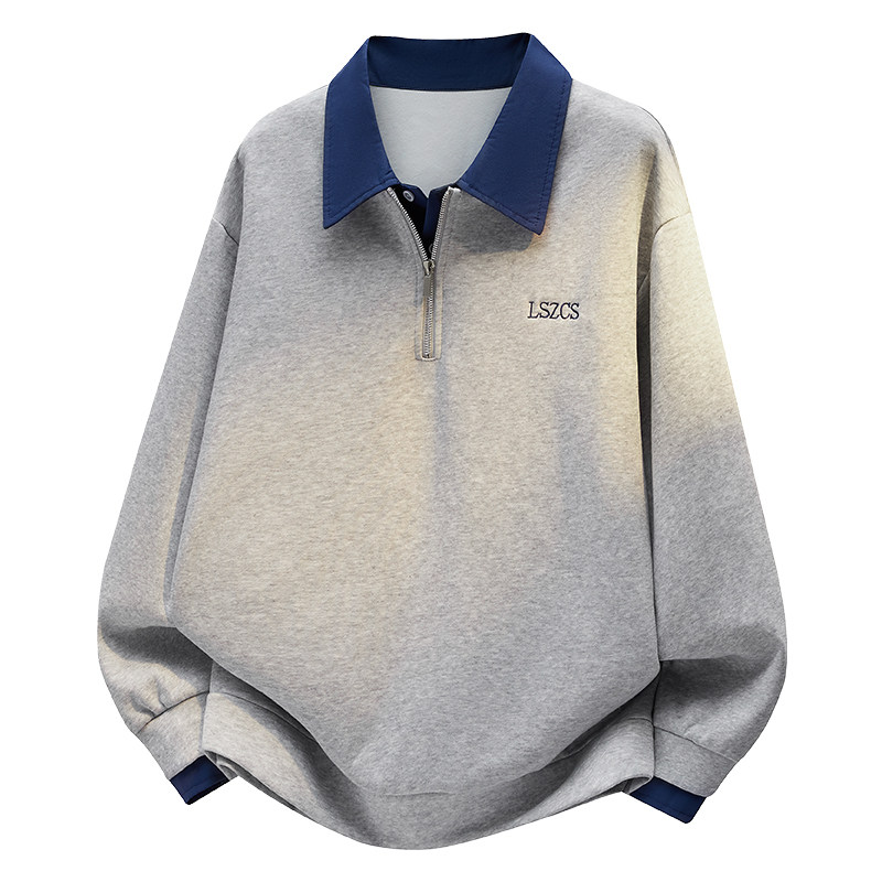 美式复古撞色假两件长袖POLO衫男潮牌宽松百搭半拉链卫衣