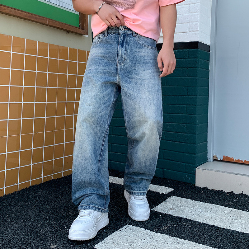 美式复古做旧水洗牛仔裤男 宽松直筒阔腿裤 高街vibe风裤子