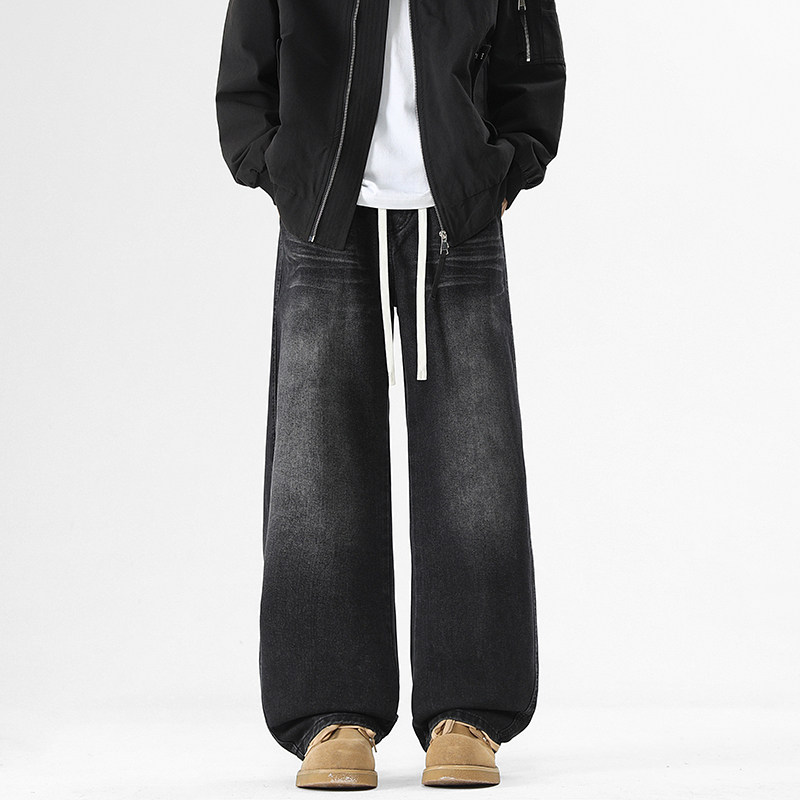 春秋季新款美式复古直筒牛仔裤男潮牌阔腿高街宽松水洗抽绳裤子