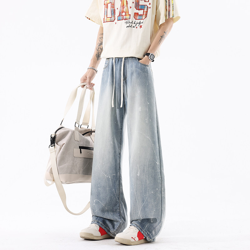 美式复古泼墨抽绳牛仔裤男 宽松阔腿垂感透气百搭休闲长裤