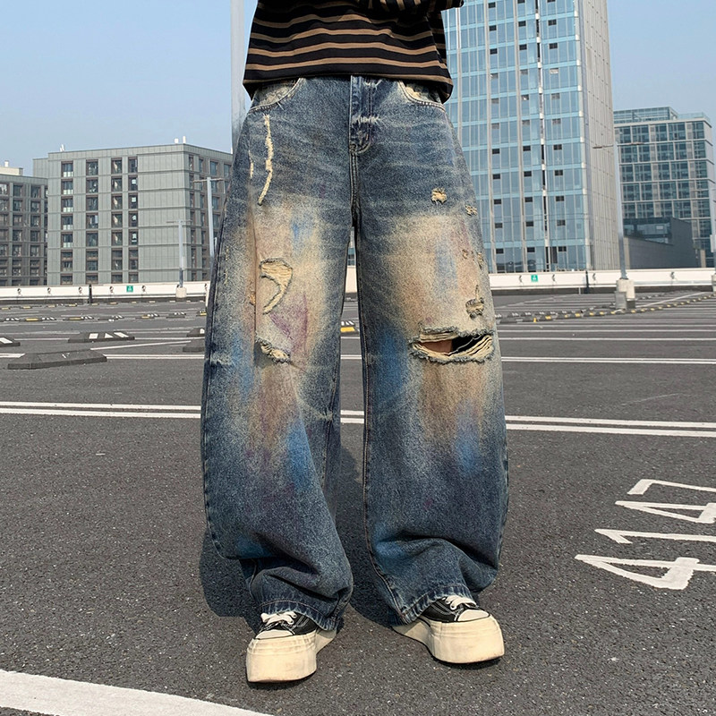 美式潮牌复古水洗破洞乞丐牛仔裤男潮流宽松痞帅休闲阔腿大弯刀裤