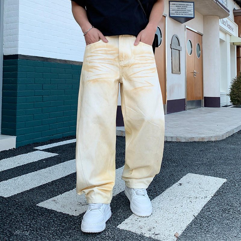 巴黎风美式复古手绘涂鸦弯刀牛仔裤男款宽松直筒潮牌设计感长裤