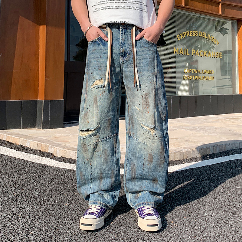 2026新款美式泼墨破洞休闲痞帅小弯刀牛仔裤男款小众潮流炸街长裤