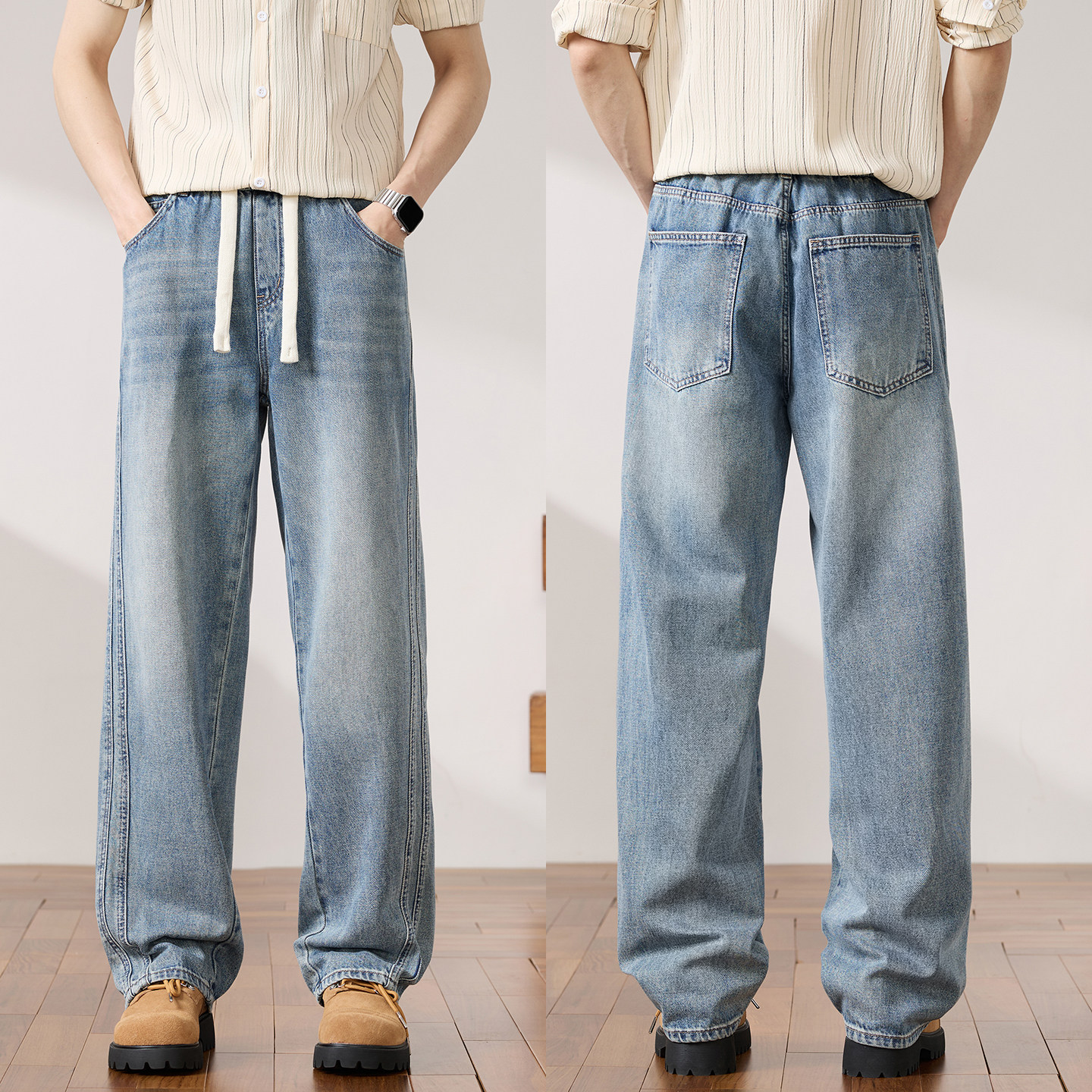 美式复古做旧水洗抽绳牛仔裤男 宽松阔腿直筒裤 高街vibe风裤子