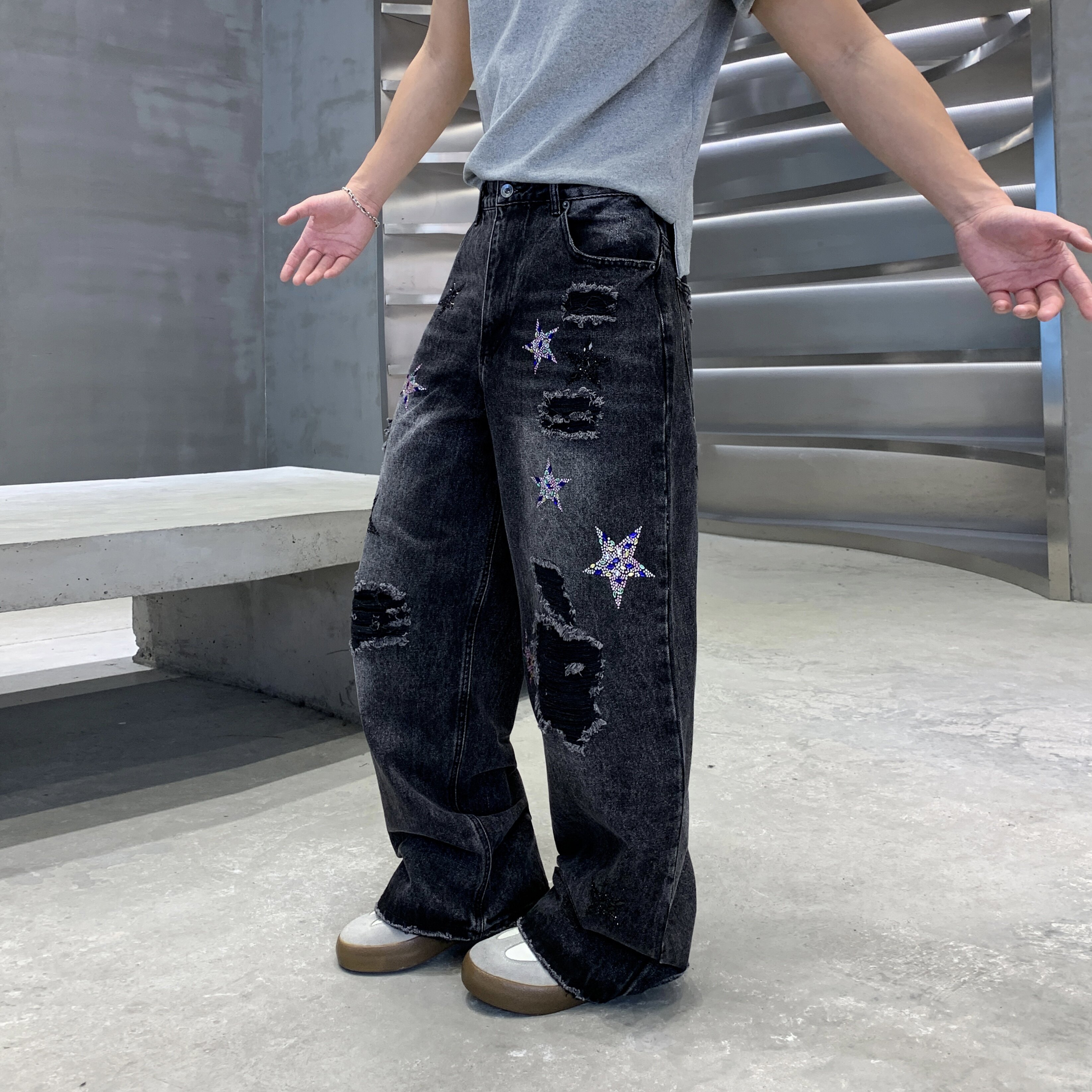 美式爆款男装新款潮牌宽松大直筒黑色水洗假破洞牛仔裤休闲百搭潮