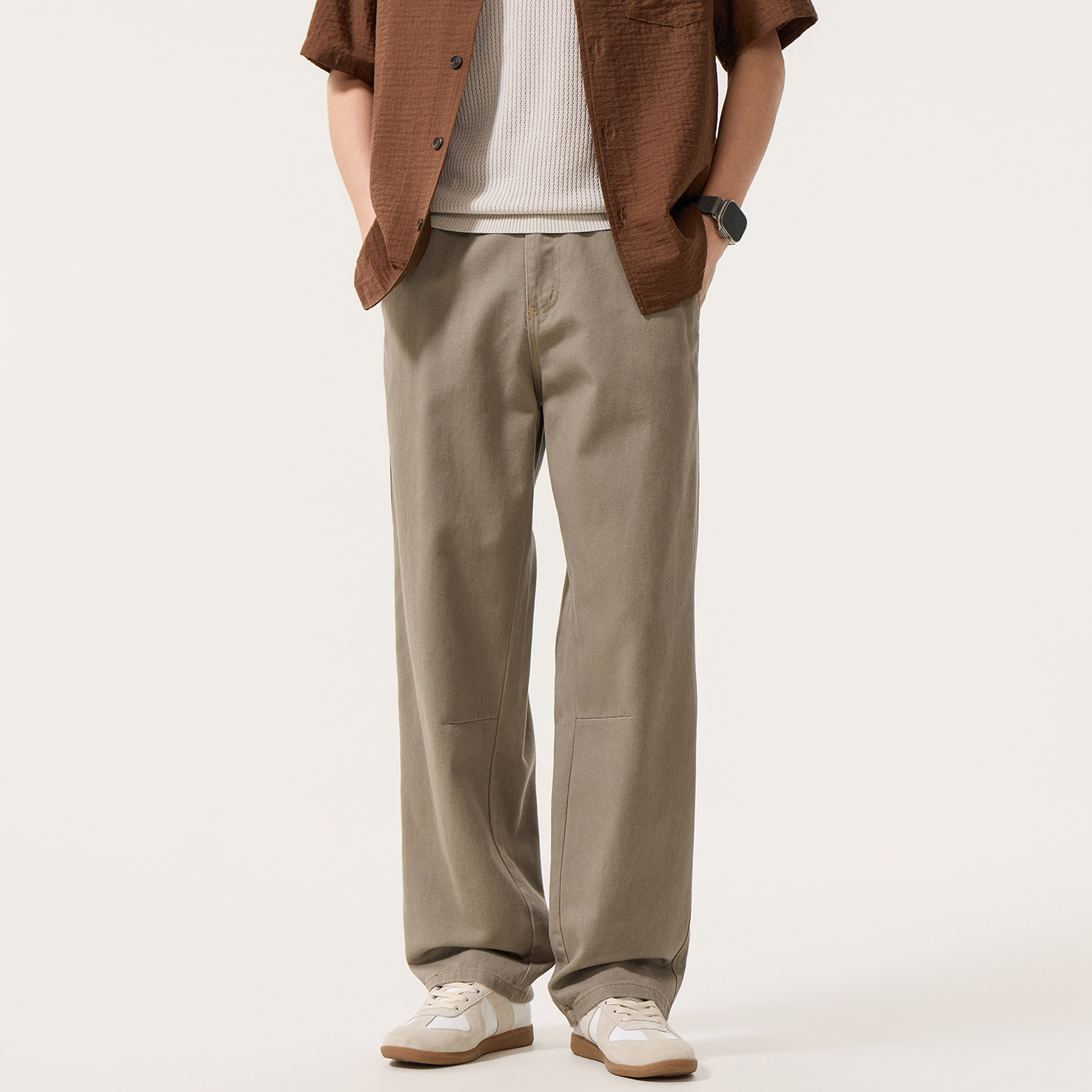 美式复古做旧纯棉直筒工装裤男款cleanfit宽松阔腿长裤咖色牛仔裤