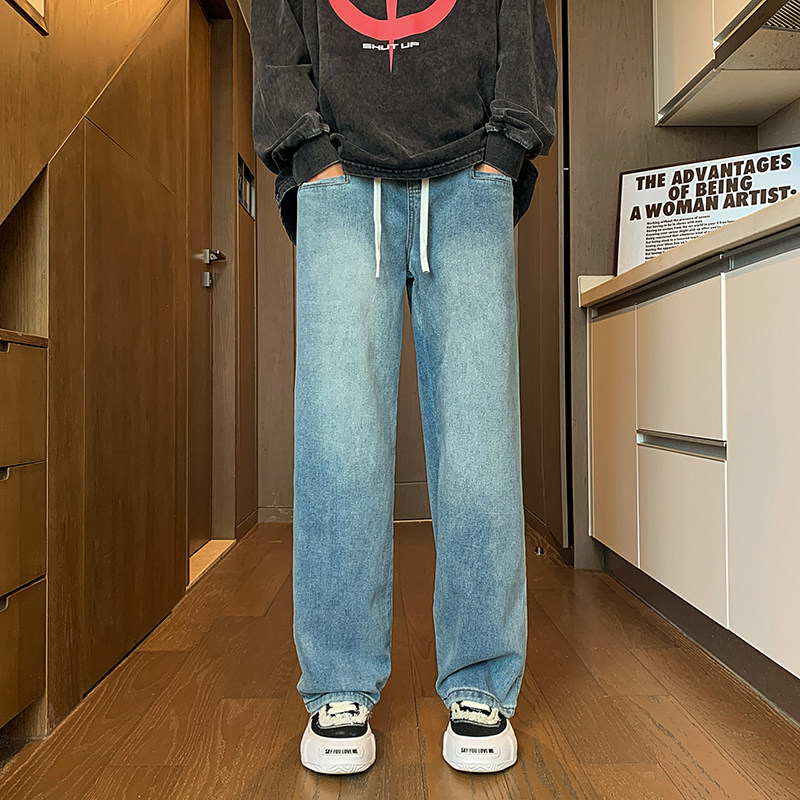 新款牛仔裤男士春款直筒休闲男生潮牌高街蓝色长裤