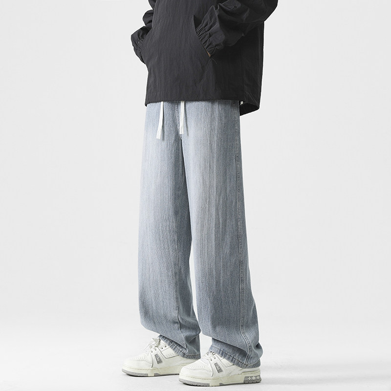 春秋季新款牛仔裤男直筒宽松休闲潮牌高街阔腿裤子竹节纹面料